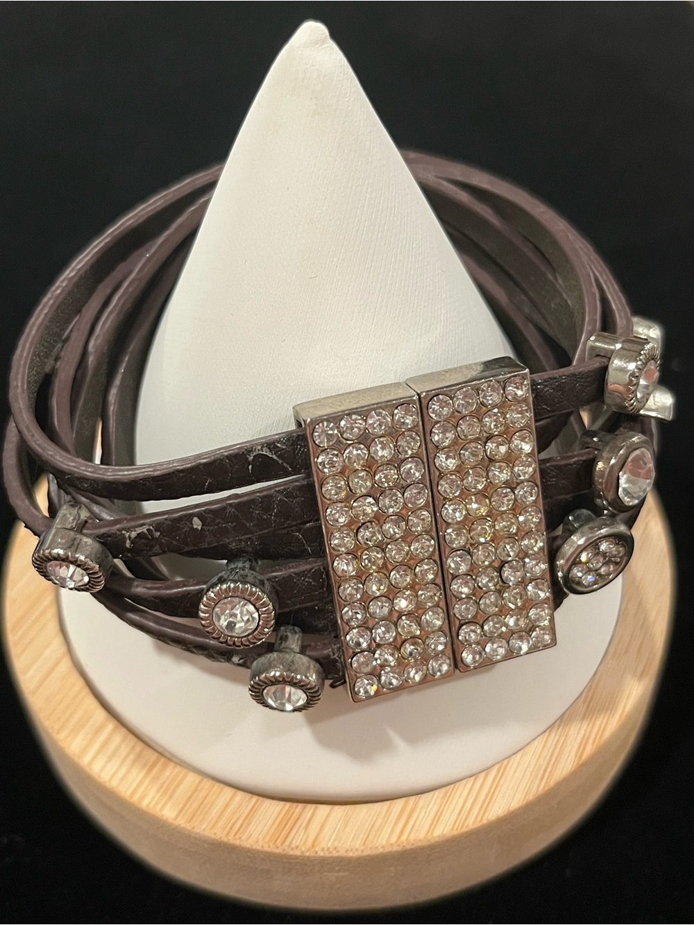 Crystal Accent Vegan Leather Brown Wrap Bracelet - Women Jewelry